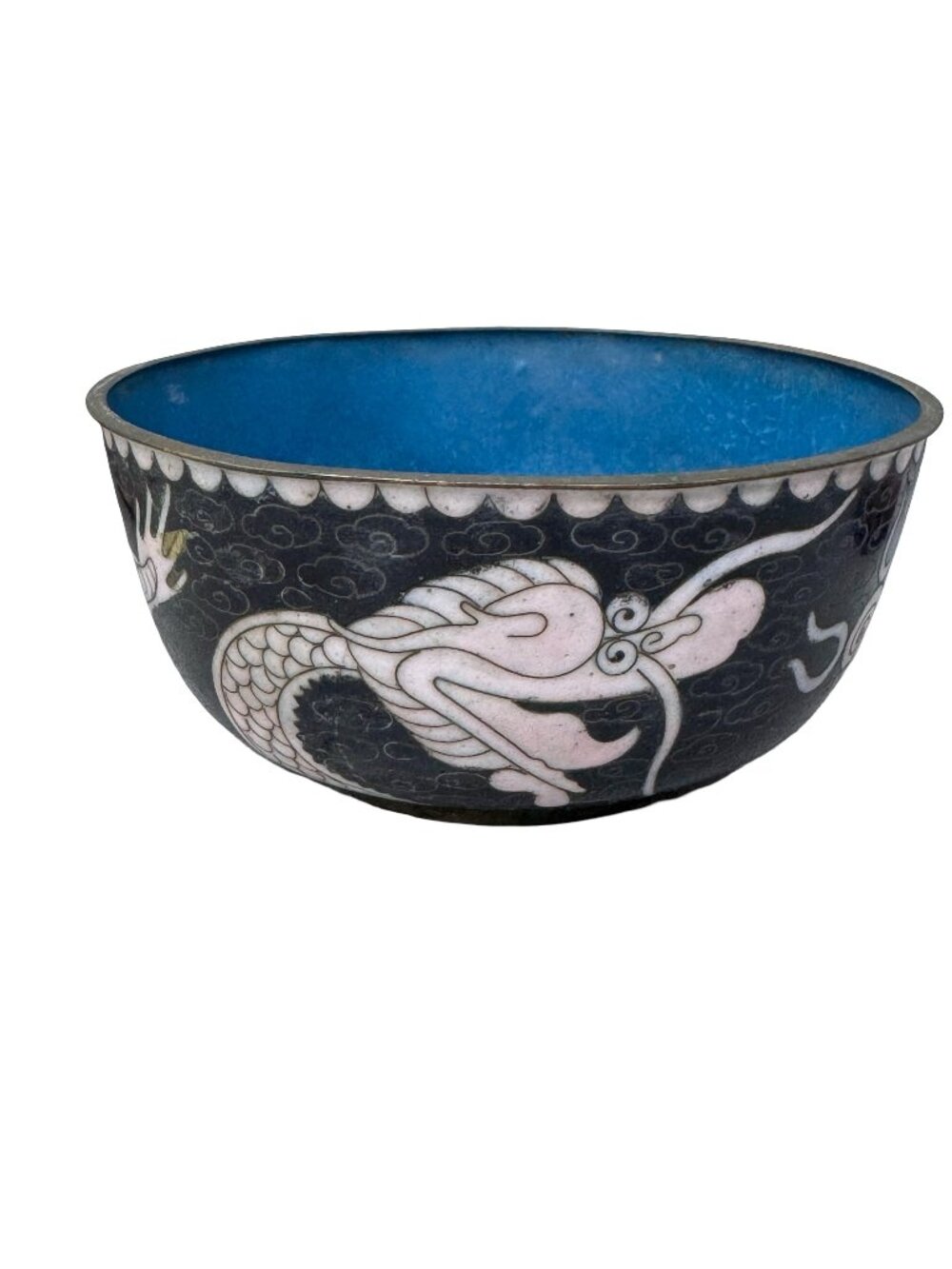 Vintage Chinese Cloisonné Dragon Bowl Blue Interior Black Handmade Ornate 4.25"
